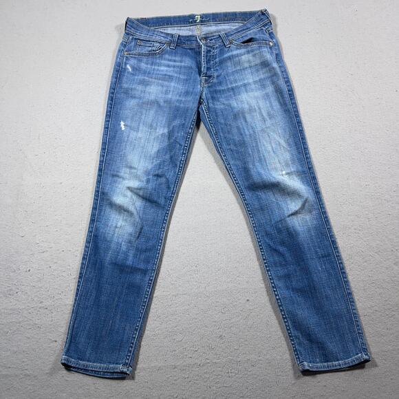 7 For All Mankind Jeans Women 28 Ankle Straight Leg‎ Distressed Medium Wash - Picture 1 of 12